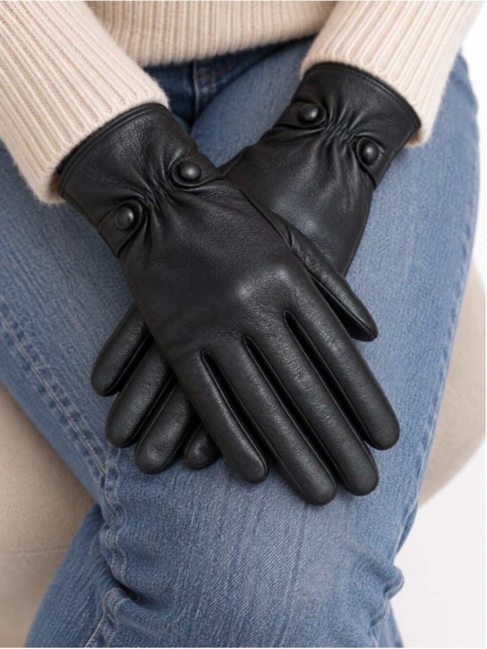 LE CHATEAU Goat Leather Driving Gloves Black Small Fur Lined Moto Biker Classic